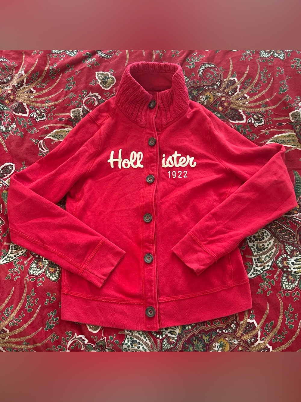 Y2K Hollister Red Button Up Embroidered Sweashirt